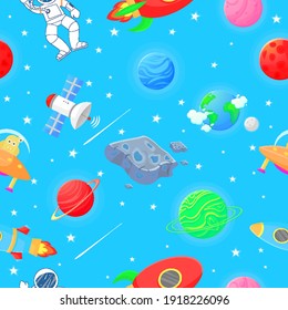 Flat cartoon style funny cosmic fabric. Astronaut with rocket and alien in the open space Cute design for kids fabric and wrapping paper. Cosmic fabric for kids.