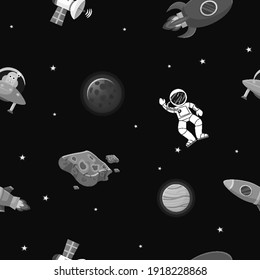Flat cartoon style funny cosmic fabric. Astronaut with rocket and alien in the open space Cute design for kids fabric and wrapping paper. Cosmic fabric for kids.