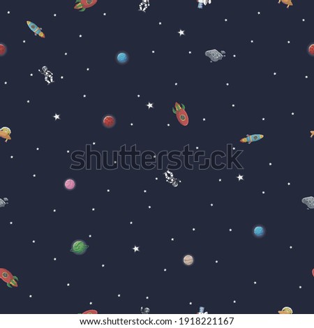 Flat cartoon style funny cosmic fabric. Astronaut with rocket and alien in the open space Cute design for kids fabric and wrapping paper. Cosmic fabric for kids.