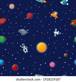 Flat cartoon style funny galaxy pattern. Astronaut with rocket and alien in the open space Cute design for kids fabric and wrapping paper. Galaxy pattern cartoon style.