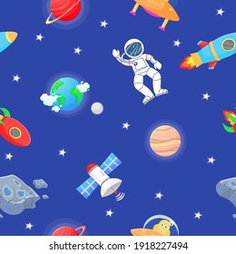 Flat cartoon style funny galaxy pattern. Astronaut with rocket and alien in the open space Cute design for kids fabric and wrapping paper. Galaxy pattern cartoon style.