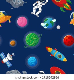 Flat cartoon style funny galaxy pattern. Astronaut with rocket and alien in the open space Cute design for kids fabric and wrapping paper. Galaxy pattern cartoon style.