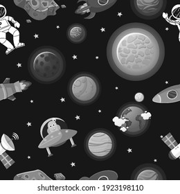Flat cartoon style funny galaxy pattern. Astronaut with rocket and alien in the open space Cute design for kids fabric and wrapping paper. Galaxy pattern cartoon style.