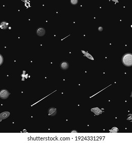 Flat cartoon style funny galaxy seamless. Astronaut with rocket and alien in the open space Cute design for kids fabric and wrapping paper. Galaxy seamless pattern design.