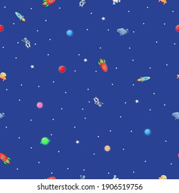 Flat cartoon style funny planet pattern. Astronaut with rocket and alien in the open space Cute design for kids fabric and wrapping paper. Planet pattern with constellations and stars.