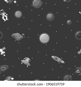 Dibujo plano estilo divertido patrón de planeta. Astronauta con cohete y alienígena en el espacio abierto Diseño Cute para tela infantil y papel envolvente. Patrón planetario con constelaciones y estrellas.