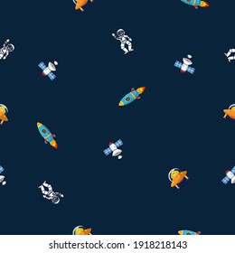 Flat cartoon style funny planet pattern. Astronaut with rocket and alien in the open space Cute design for kids fabric and wrapping paper. Planet pattern with constellations and stars.