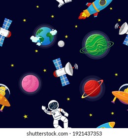 Flat cartoon style funny planet pattern. Astronaut with rocket and alien in the open space Cute design for kids fabric and wrapping paper. Planet pattern with constellations and stars.