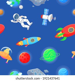 Flat cartoon style funny planet pattern. Astronaut with rocket and alien in the open space Cute design for kids fabric and wrapping paper. Planet pattern with constellations and stars.