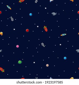 Flat cartoon style funny planet pattern. Astronaut with rocket and alien in the open space Cute design for kids fabric and wrapping paper. Planet pattern with constellations and stars.