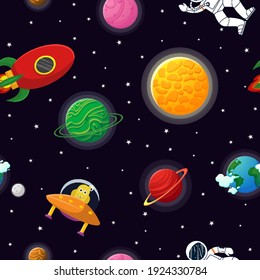 Flat cartoon style funny planet pattern. Astronaut with rocket and alien in the open space Cute design for kids fabric and wrapping paper. Planet pattern with constellations and stars.
