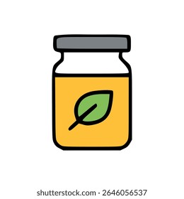 Flat Cartoon Style Glass Jar Filled with Yellow Liquid and Green Leaf Label with Gray Lid
