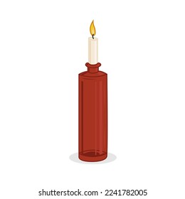 Flat cartoon style hand drawn illustration burning candle in a glass bottle on white background