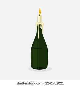 Flat cartoon style hand drawn illustration burning candle in a glass wine bottle on white background