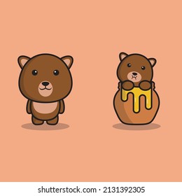 Flat cartoon style icon. Cute and sweet wild brown bear with a jar of delicious fresh honey isolated on white background. Vector clip art teddy toy character illustration.