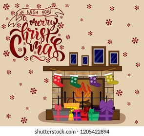 Flat cartoon style illustration. Christmas postcard with modern calligraphy text We wish you a Marry Christmas, snowflakes, fireplace with photo frames, socks and gifts. Vector lettering.