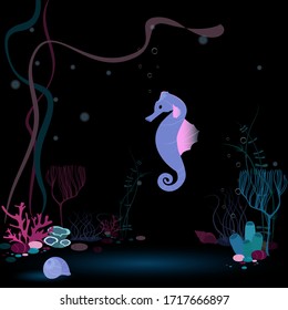 Flat cartoon style illustration. The dark underwater scene with plants, corals and magic seahorse.