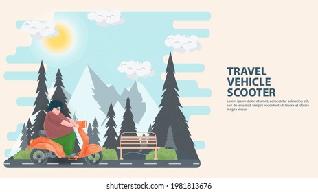 Flat cartoon style illustration for design decoration, overweight obese man traveling on a scooter against the background of forest and mountains