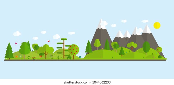 Flat cartoon style illustration nature landscape with mountains and trees. Vector Illustration EPS10