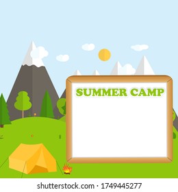 Flat cartoon style illustration nature landscape and trees. Summer Camp Concept. Vector Illustration EPS10