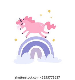 A flat cartoon style illustration ofa cute unicorn runnig on the rainbow. Concept for children posters, t-shirts, stickers, greeting cards.