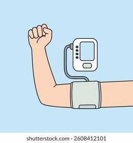 Flat cartoon style illustration of a person's arm with a blood pressure cuff and monitor attached