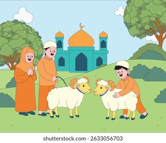 A flat cartoon style illustration showing a Muslim family with sheep near a mosque, celebrating Eid al-Adha. Depicts joy, tradition, sacrifice, and Islamic culture in a peaceful rural setting