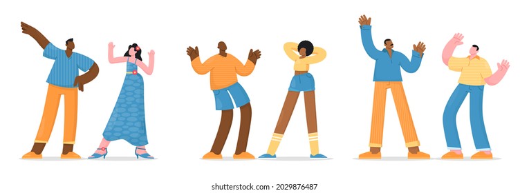 Flat cartoon style illustration. Сharacters. Six people dancing. Social dancing.