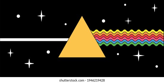 Ilustración de tipo caricatura plana con prisma óptico triangular que dispersa la luz, componentes espectrales los colores del arcoiris.  que muestra el efecto de dispersión de la luz.