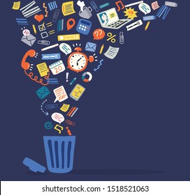 Flat cartoon style information icons going into a trash bin. Concept illustration of digital hygiene, media detox and input overloading. Colourful elements on the dark background.