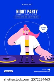 Flat Cartoon Style Nightlife Club DJ Party Illustration for Social Media Flyer Templates