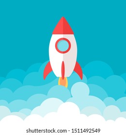 Flat cartoon style rocket start up, spaceship taking off with fire and a lot of smoke, creative idea booster vector illusatrtion.