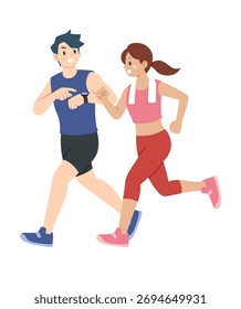 Flat cartoon style running couple vector illustration