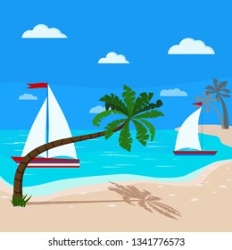 Flat cartoon style seascape with two sailboats, clouds, blue sky, sand coastline and coco nut trees by the sea. Vector summer banner illustration with blue ocean for tourist and holiday background 