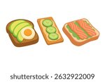 Flat cartoon style set of toasts with avocado, egg, cucumber and salmon, isolated clipart.