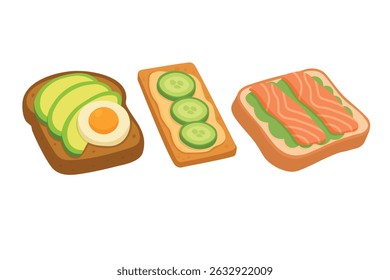 Flat cartoon style set of toasts with avocado, egg, cucumber and salmon, isolated clipart.