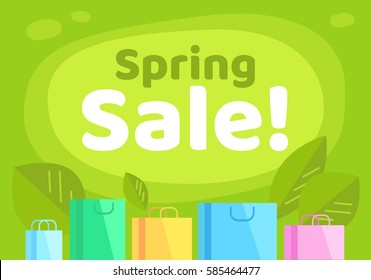 Flat cartoon style spring sale advertisement banner with colorful shopping bags and leaves. Vector illustration in bright colors on green background