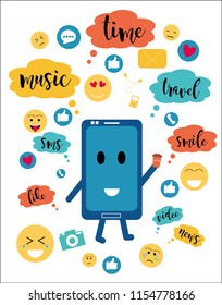 Flat cartoon style, vector colorful illustration. Communication through a smartphone - the Internet, the concept of communication, social networks, chat, video, news, acquaintance, messages, website.
