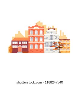 Flat cartoon style vector illustration of an autumn city street.Set buildings and trees. Street cityscape. City landscape with autumn trees in the foreground.
