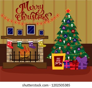 Flat cartoon style vector illustration. Christmas scene with a fireplace with photo frames, socks, Christmas tree and gifts.