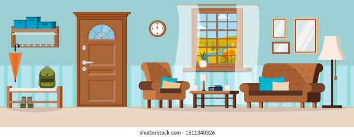 Flat cartoon style vector illustration cozy hallway with furniture, closed door, window view of autumn river and fields landscape. Sofa, armchair, shoe bench, mirror, backpack, umbrella, coat rack. 