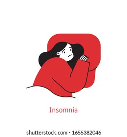 Flat cartoon style vector illustration of the Symptoms of Depression. Sad unhappy woman trying to sleep suffering insomnia sleeping disorder.