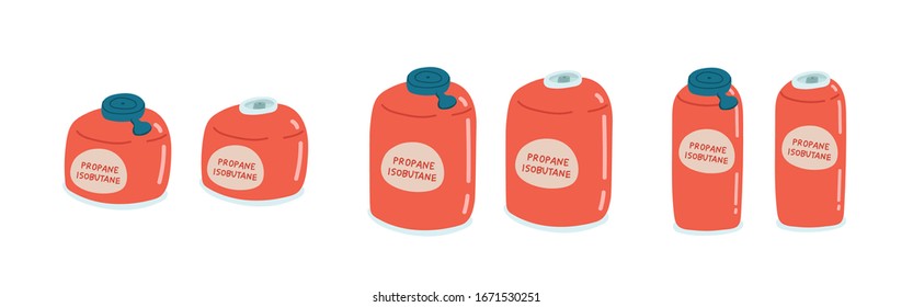 Flat cartoon style vector illustration of closed and opened isobutane propane canister for hiking, backpaking, picnics.