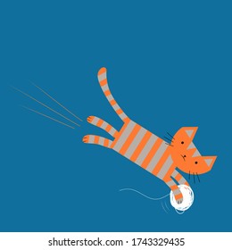 flat cartoon style vector illustration of orange colored cat jumping with aball of thread between front paws on blue background idea for card or kid’s birthday party invitation  with space for TexT
