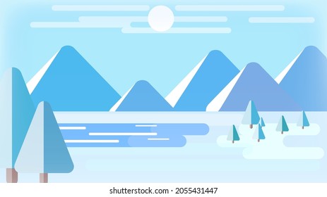 Flat, cartoon style of vector illustration. Blue sky with sun and clouds.  Winter mountains landscape with pines, hills, trees and mountains. Snowy weather.  Snowdrift. Snowfall.