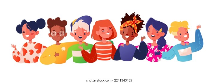 Flat cartoon style vector illustration with joyful, laughing children. Concept of friendship from childhood, happy childhood. Joyful little children of different races smiling and waving hands