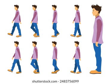 Flat cartoon style vector illustration of a walking man, 8 frame sequence for animation