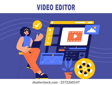 Flat Cartoon Style Vector Illustration of Video Editing Software for Social Media Design Background