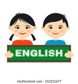 Flat Cartoon Style Vector Illustration of Asian Girl and Boy Learning English. Vector Logo Design Template for English Classes for Asian Kids. English Education for Asian Kids Vector Background EPS10.