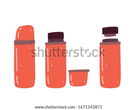 Flat cartoon style vector illustration of  thermo flask in different states: Opened thermos with thermo mug on white background